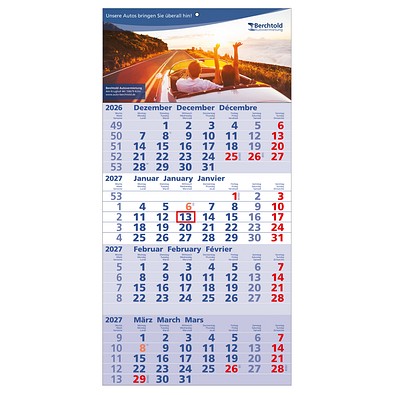 4-Monats-Wandkalender Quattro blau, B4 versandfähig, 2026