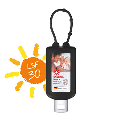 Sonnenmilch LSF 30, inkl. Druck auf Body Label, 50 ml Bumper, schwarz