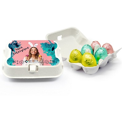 6er Schoko Ostereier, 37,8 g, Klett Ostereier, Kartonage, inkl. Druck