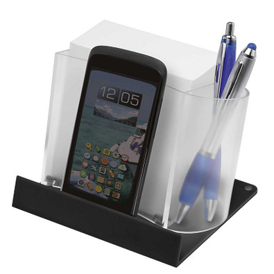Smartphone-/Tabletständer mit Zettelbox, Transparent/Schwarz Smartphone-/Tabletständer mit Zettelbox, Transparent/Schwarz