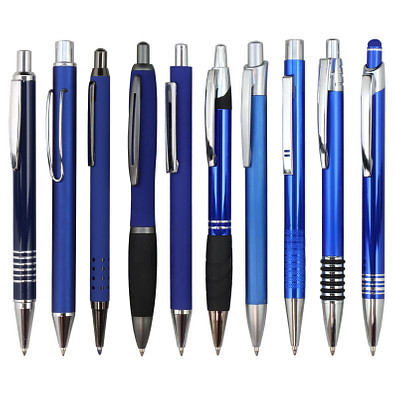 Muster-Set Metall Kugelschreiber Blau mit Metall-Großraummine, 9 Modelle