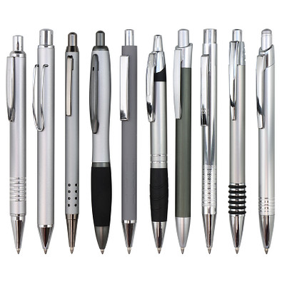 Muster-Set Metall Kugelschreiber Silber mit Metall-Großraummine, 9 Modelle