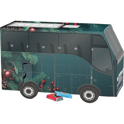 Adventskalender Bus, Alpenmilch-Schokotäfelchen, Edle Tannenzweige