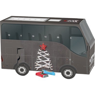 Adventskalender Bus, Alpenmilch-Schokotäfelchen, Schraubenschlüssel-Tanne