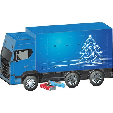 Adventskalender LKW,  Alpenmilch-Schokotäfelchen, LED Tanne