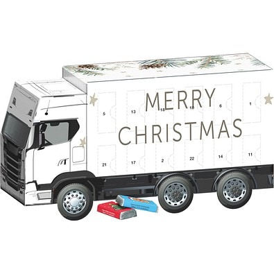 Adventskalender LKW,  Alpenmilch-Schokotäfelchen, Tannenzweige
