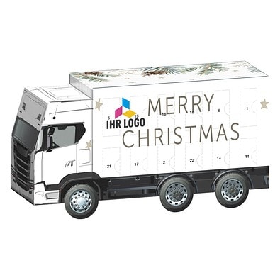 Adventskalender LKW, share Schokotäfelchen, Tannenzweige