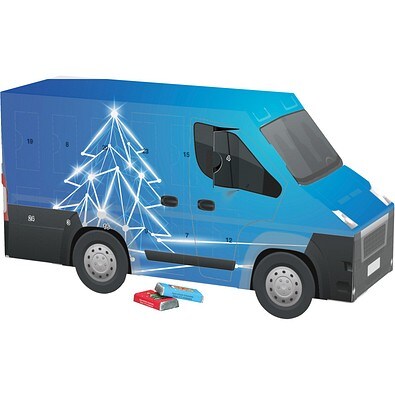 Adventskalender Transporter, Alpenmilch-Schokotäfelchen, LED Tanne