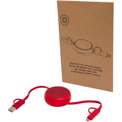 Alasia 100 cm 5-in-1 Kabel aus recyceltem Kunststoff und Aluminium, einziehbar, für Datenübertragung und mit 45W Schnellladung, rot