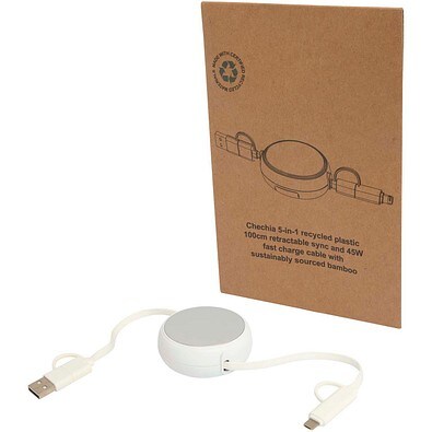 Alasia 100 cm 5-in-1 Kabel aus recyceltem Kunststoff und Aluminium, einziehbar, für Datenübertragung und mit 45W Schnellladung, silber