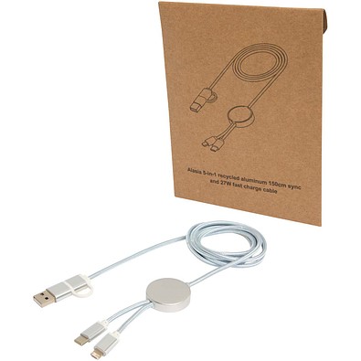 Alasia 150 cm 5-in-1 Kabel aus recyceltem Kunststoff für Datenübertragung und 27W Schnellladung, silber