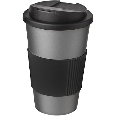 Americano® 350 ml Isolierbecher mit Schutzring & auslaufsicherem Schraubverschluss, silber / schwarz