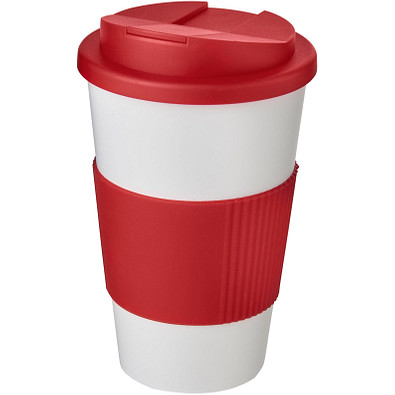Americano® 350 ml Isolierbecher mit Schutzring & auslaufsicherem Schraubverschluss, weiß/rot