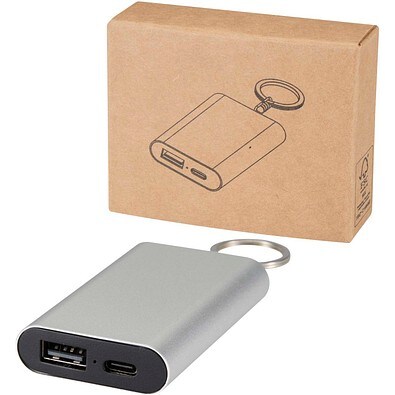 Arcturus 2000 mAh Powerbank aus recyceltem Aluminium mit Schlüsselanhänger, silber