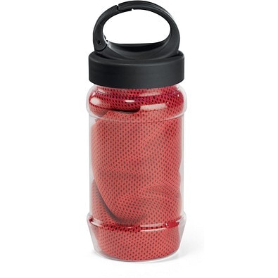 ARTX PLUS. Sporthandtuch aus Polyamid und Polyester mit Flasche (440 mL) aus PP und PET und einem integrierten Karabinerhaken am Deckel, Rot