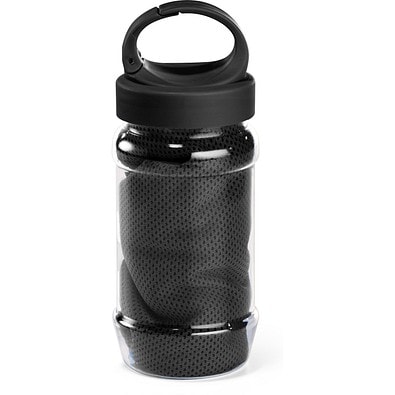 ARTX PLUS. Sporthandtuch aus Polyamid und Polyester mit Flasche (440 mL) aus PP und PET und einem integrierten Karabinerhaken am Deckel, Schwarz