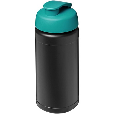 Baseline 500 ml recycelte Sportflasche mit Klappdeckel, schwarz/aquablau