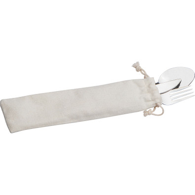 Besteckset in einem Baumwolltäschchen, beige