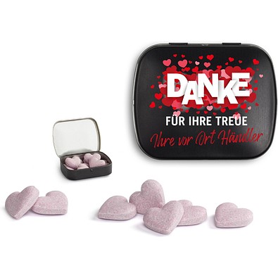 Brauseherzen in Mini Nostalgiedose, 16 g, schwarz-matt, inkl. Druck