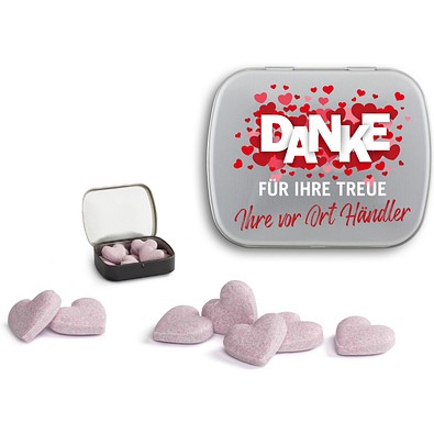 Brauseherzen in Mini Nostalgiedose, 16 g, silber-matt, inkl. Druck