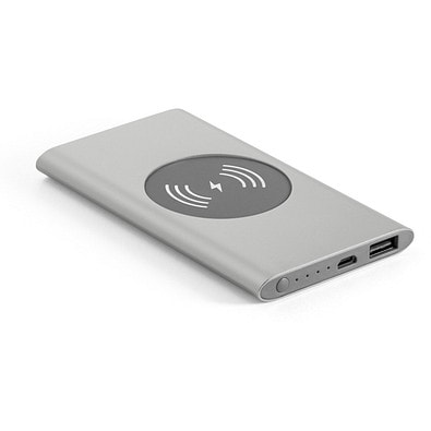 CASSINI. Powerbank 4'000 mAh mit 5W wireless Ladegerät aus Recyceltes Aluminium (100 % rAL), Satinsilber
