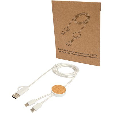 Chechia 150 cm 5-in-1 Kabel aus recyceltem Kunststoff für Datenübertragung und 27W Schnellladung mit Bambusdetails, weiss