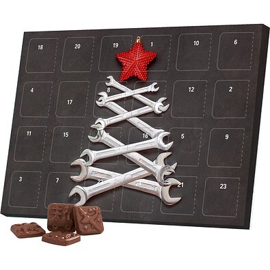 Classic Tisch Adventskalender, Blister gefüllt, Alpenmilch Schokotäfelchen, Schraubenschlüssel-Tanne