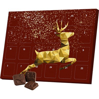 Classic Tisch Adventskalender, Blister gefüllt mit kakaofreier Schokoladen-Alternative, Rentier, Gold
