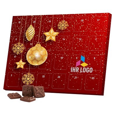 Classic Tisch Adventskalender, Blister gefüllt mit kakaofreier Schokoladen-Alternative, Christbaumkugeln Gold