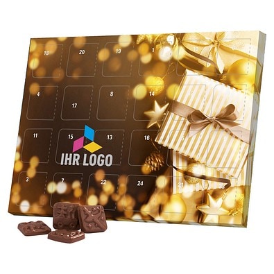 Classic Tisch Adventskalender, Blister gefüllt mit kakaofreier Schokoladen-Alternative, Gold-Paket