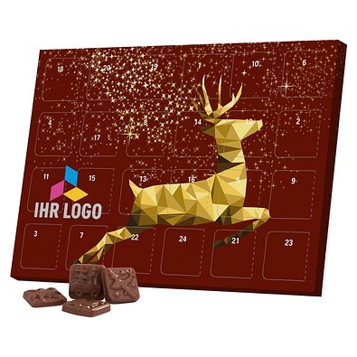 Classic Tisch Adventskalender, Blister gefüllt, Alpenmilch Schokotäfelchen, Rentier, Gold