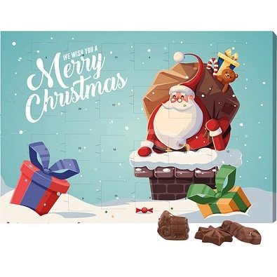Classic Wand Adventskalender, Querformat, gefüllt mit Friedel Schokolade, Weihnachtsmann im Kamin