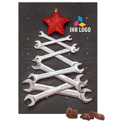 Classic Wand Adventskalender, Hochformat, gefüllt mit Friedel Schokolade, Schraubenschlüssel-Tanne