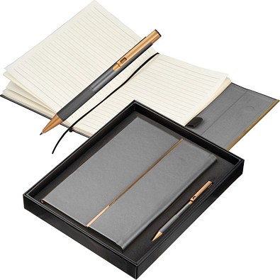 Recycled Leder Geschenkset  Notizbuch mit Metall-Kugelschreiber, anthrazit