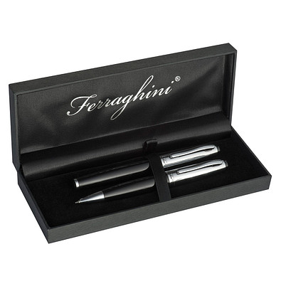 Ferraghini Metall-Schreibset, blaue Mine, schwarz/silber