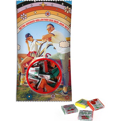 Fruchtkaramellen im Werbetütchen, 100 g, Verbundsfolie weiß, inkl. Druck