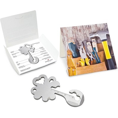 Geschenkartikel: ROMINOX® Key Tool Lucky Charm / Kleeblatt Glücksbringer (19 Funktionen) im Motiv-Mäppchen Werkzeug, silber