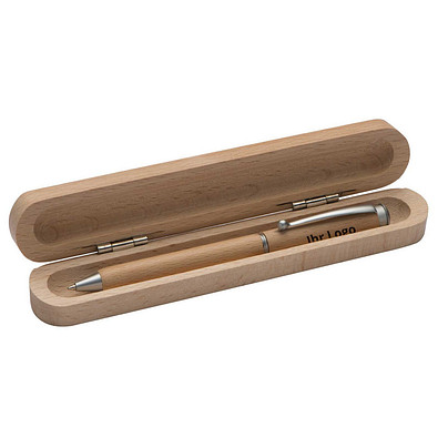 Holz-Drehkugelschreiber im Holzetui, blaue Mine, braun