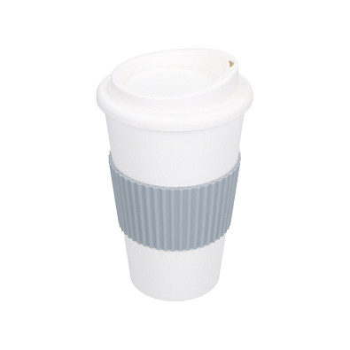 Kaffeebecher Premium mit Manschette, 350 ml, weiß/grau Kaffeebecher Premium mit Manschette, 350 ml, weiß/grau