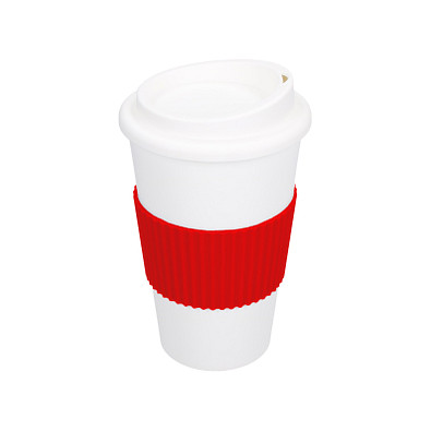 Kaffeebecher Premium mit Manschette, 350 ml, weiß/rot Kaffeebecher Premium mit Manschette, 350 ml, weiß/rot
