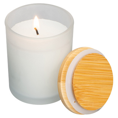 Kerze in gefrostetem Glas mit Bambusdeckel, transparent