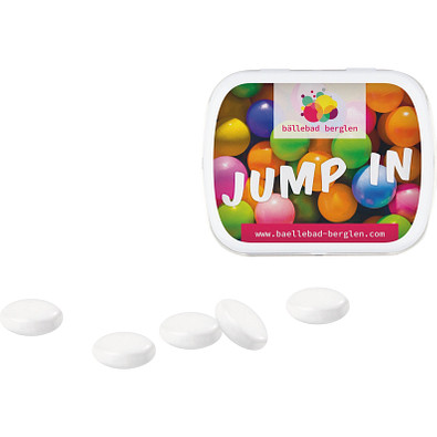 Klapp Dose, mentos® Kaudragee Mint, inkl. Druck, weiße Dose Klapp Dose, mentos® Kaudragee Mint, inkl. Druck, weiße Dose