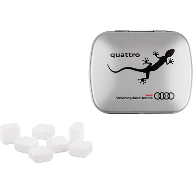 Klapp Dose, Traubenzuckerquadrate, inkl. Druck, matt-silberne Dose