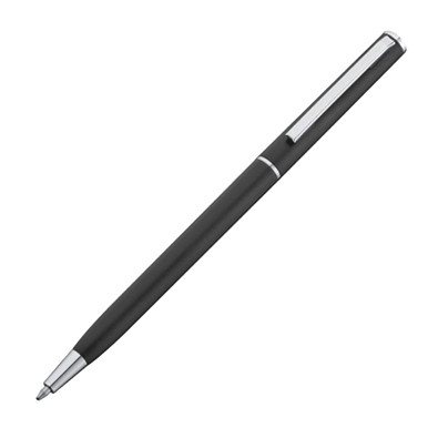 Drehkugelschreiber in schlanker Form aus Kunststoff, blaue Mine, schwarz