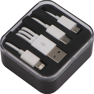 Kunststoffbox mit 3 in 1 USB-Ladekabel, schwarz