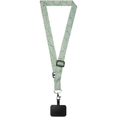 Lyra Verstellbares Lanyard aus RPET mit Telefonhalterung und Sublimationsdruck, schwarz