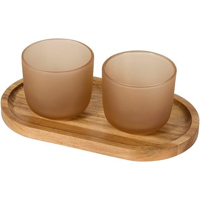 Male Set aus Holztablett und Glastassen, matt, oatmeal