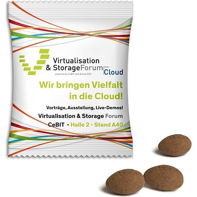 Mandeln im Werbetütchen, 12 g, Sahne-Kakao, Folie weiß, inkl. Druck