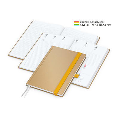 Geiger-Notes Match-Hybrid White Bestseller Notizbuch A4, Natura braun, inkl. Druck, gelb