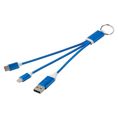 Metal 4-in-1 Ladekabel aus recyceltem Aluminium mit Schlüsselanhänger, royalblau
